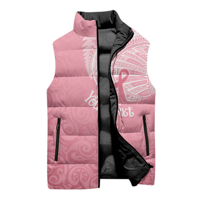 Personalised New Zealand Sleeveless Puffer Jacket Pink Ribbon Tattoo Mix Silver Fern