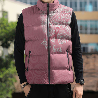 Personalised New Zealand Sleeveless Puffer Jacket Pink Ribbon Tattoo Mix Silver Fern