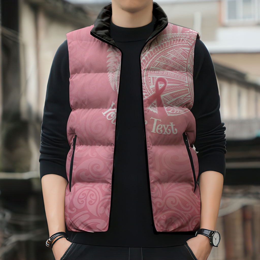 Personalised New Zealand Sleeveless Puffer Jacket Pink Ribbon Tattoo Mix Silver Fern
