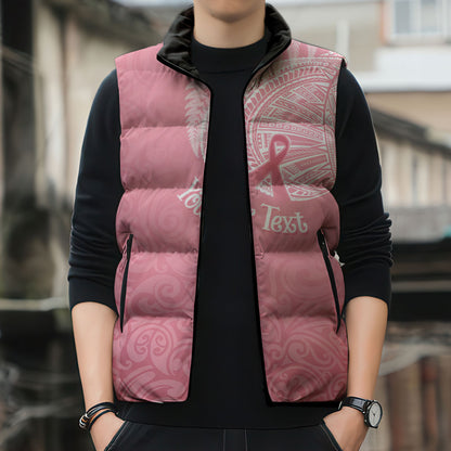 Personalised New Zealand Sleeveless Puffer Jacket Pink Ribbon Tattoo Mix Silver Fern