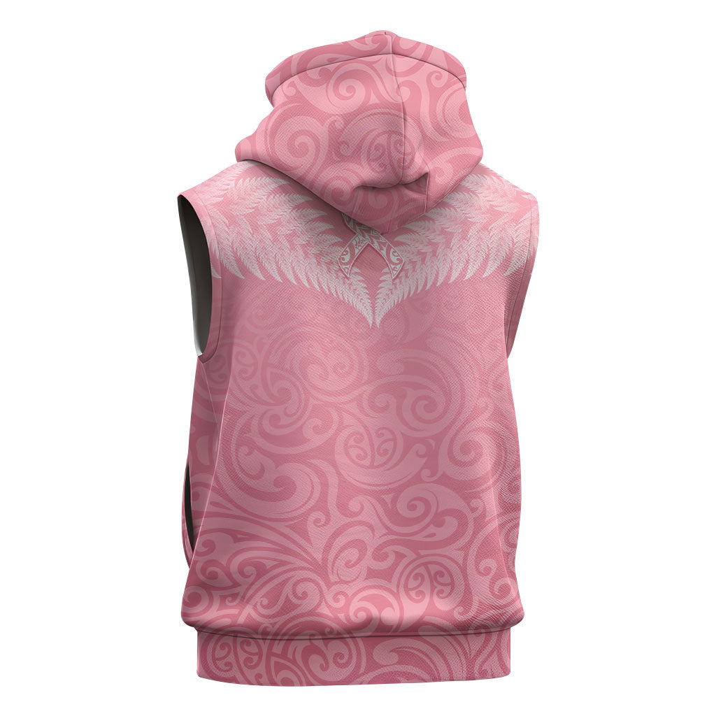 Personalised New Zealand Sleeveless Zip Hoodie Pink Ribbon Tattoo Mix Silver Fern