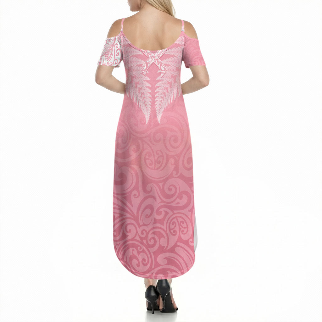 Personalised New Zealand Summer Maxi Dress Pink Ribbon Tattoo Mix Silver Fern