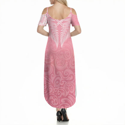 Personalised New Zealand Summer Maxi Dress Pink Ribbon Tattoo Mix Silver Fern