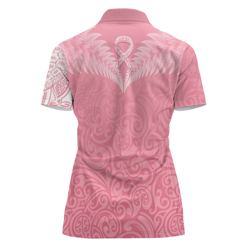 Personalised New Zealand Women Polo Shirt Pink Ribbon Tattoo Mix Silver Fern