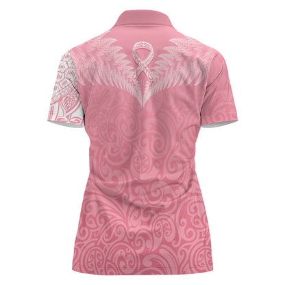 Personalised New Zealand Women Polo Shirt Pink Ribbon Tattoo Mix Silver Fern