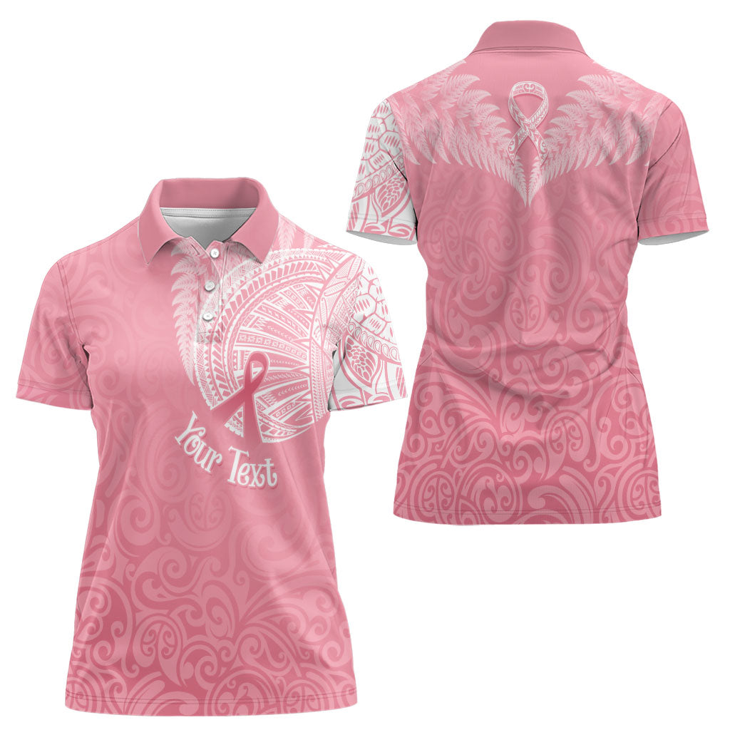 Personalised New Zealand Women Polo Shirt Pink Ribbon Tattoo Mix Silver Fern