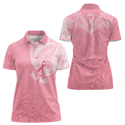 Personalised New Zealand Women Polo Shirt Pink Ribbon Tattoo Mix Silver Fern