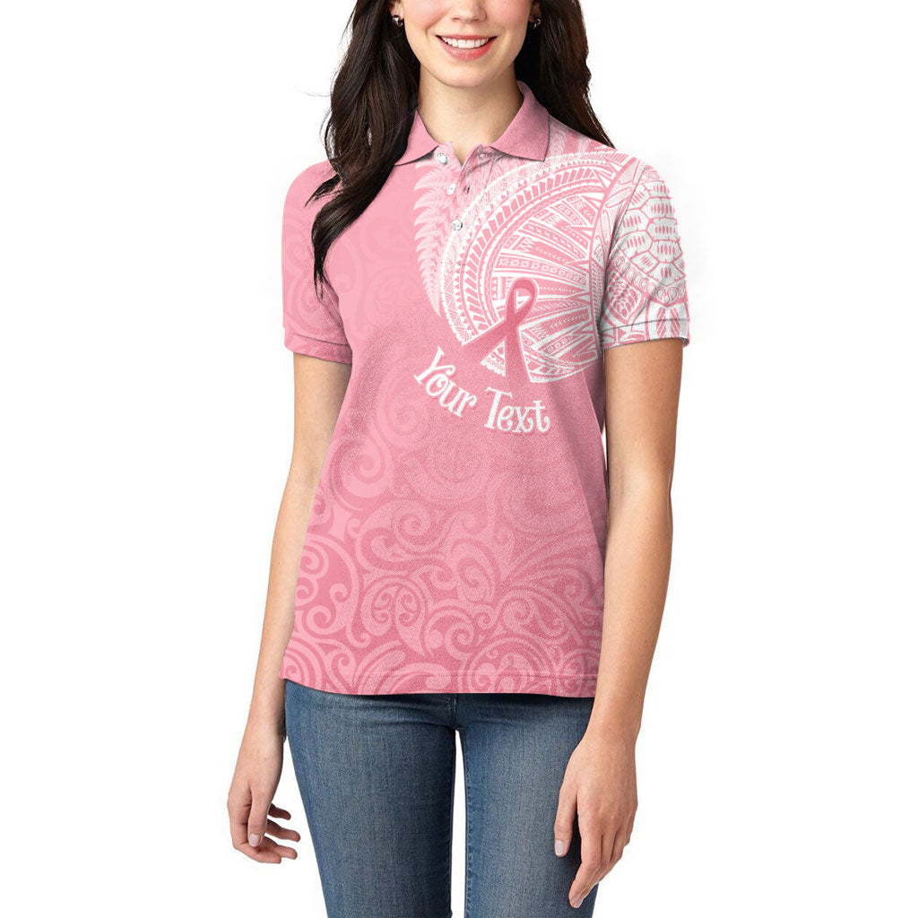 Personalised New Zealand Women Polo Shirt Pink Ribbon Tattoo Mix Silver Fern