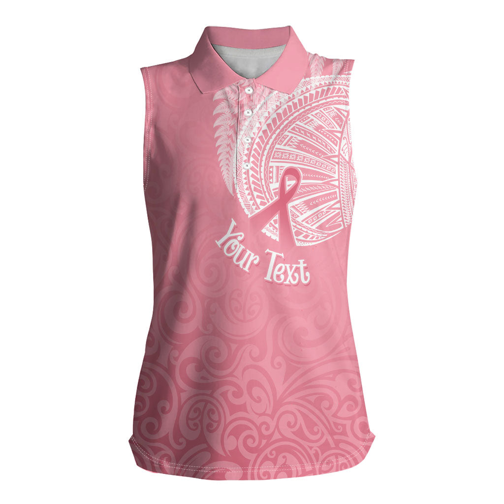 Personalised New Zealand Women Sleeveless Polo Shirt Pink Ribbon Tattoo Mix Silver Fern