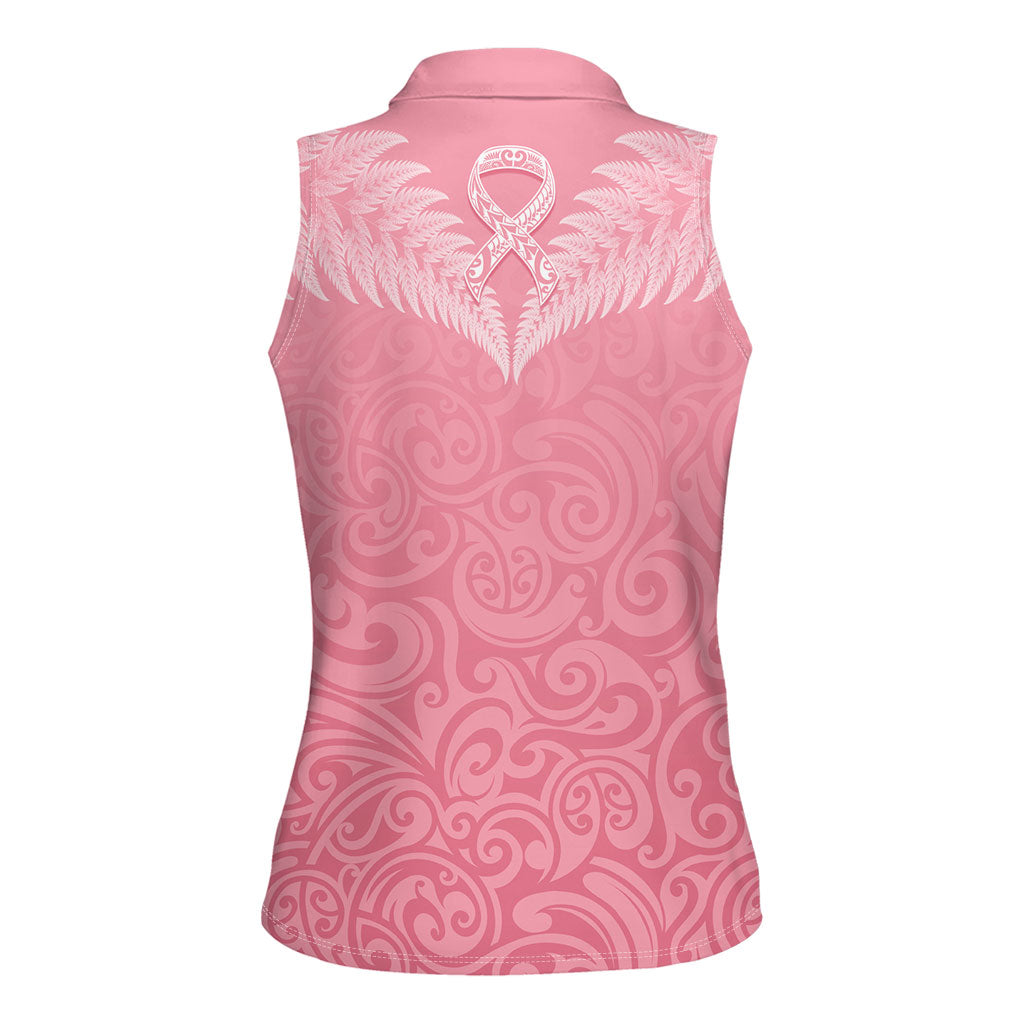 Personalised New Zealand Women Sleeveless Polo Shirt Pink Ribbon Tattoo Mix Silver Fern