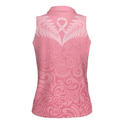 Personalised New Zealand Women Sleeveless Polo Shirt Pink Ribbon Tattoo Mix Silver Fern