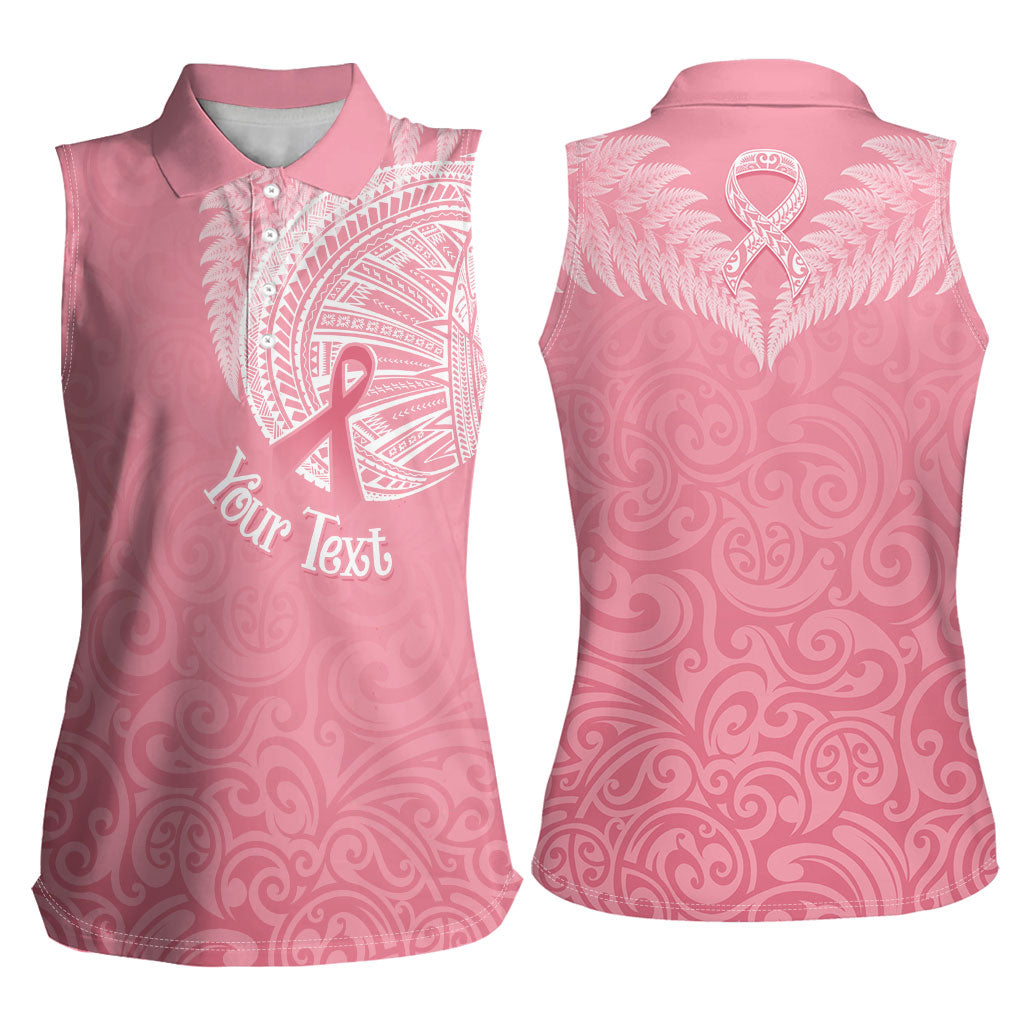 Personalised New Zealand Women Sleeveless Polo Shirt Pink Ribbon Tattoo Mix Silver Fern