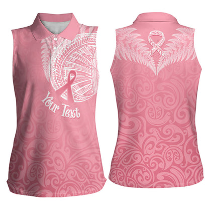 Personalised New Zealand Women Sleeveless Polo Shirt Pink Ribbon Tattoo Mix Silver Fern