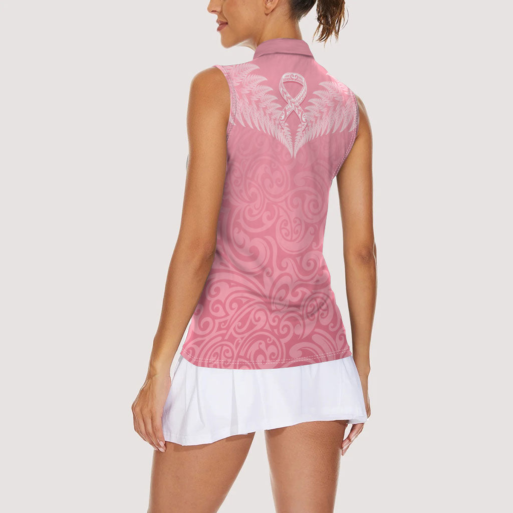 Personalised New Zealand Women Sleeveless Polo Shirt Pink Ribbon Tattoo Mix Silver Fern