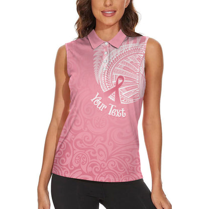 Personalised New Zealand Women Sleeveless Polo Shirt Pink Ribbon Tattoo Mix Silver Fern