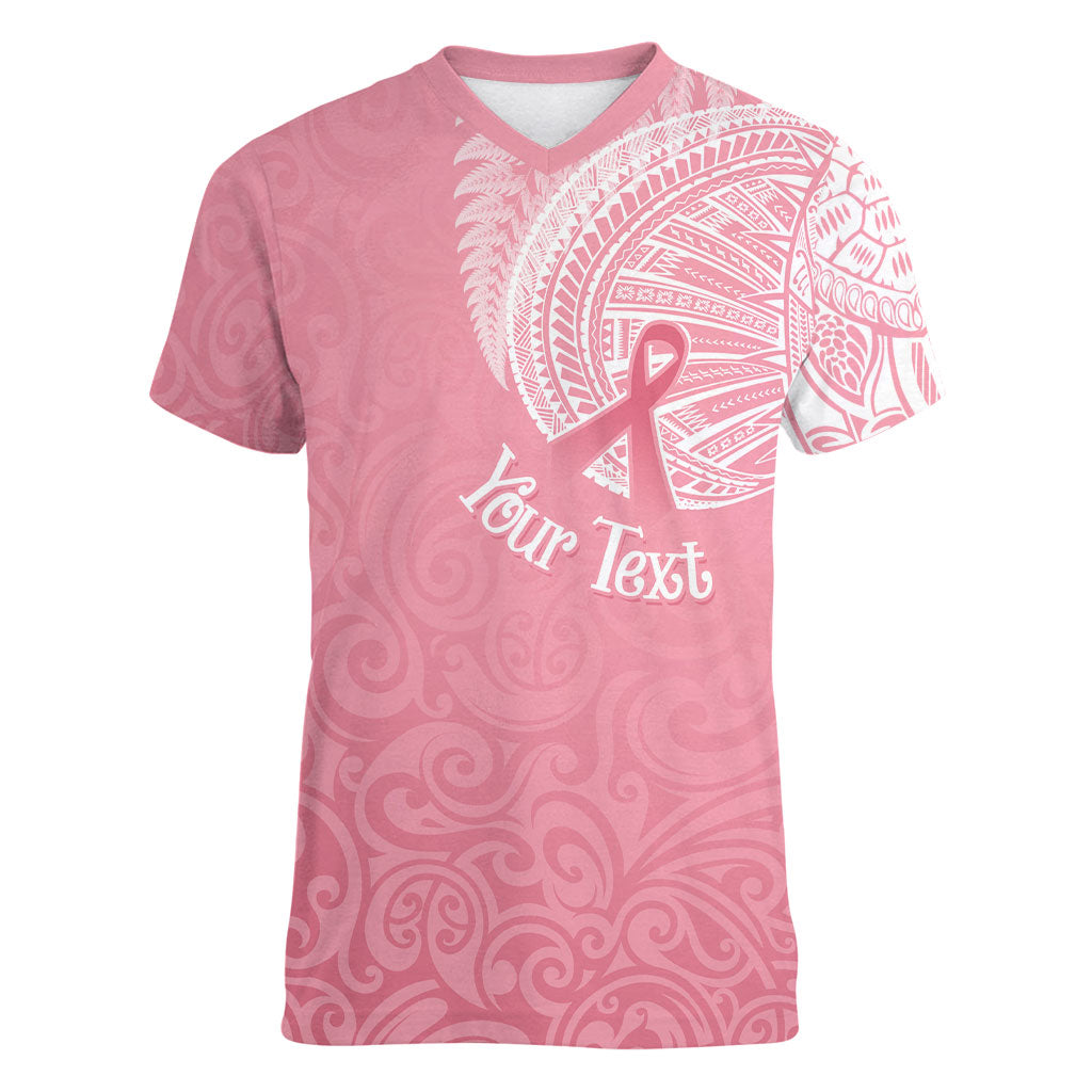 Personalised New Zealand Women V-Neck T-Shirt Pink Ribbon Tattoo Mix Silver Fern