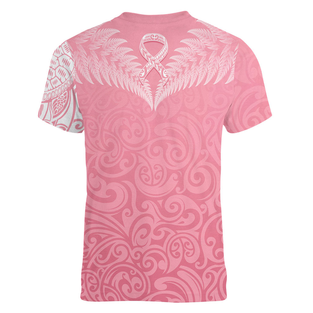 Personalised New Zealand Women V-Neck T-Shirt Pink Ribbon Tattoo Mix Silver Fern