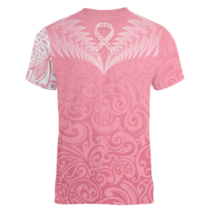 Personalised New Zealand Women V-Neck T-Shirt Pink Ribbon Tattoo Mix Silver Fern
