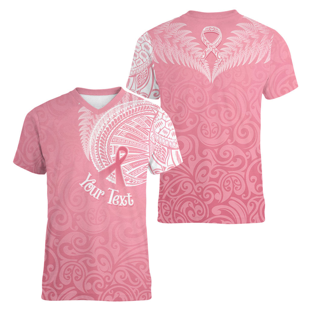 Personalised New Zealand Women V-Neck T-Shirt Pink Ribbon Tattoo Mix Silver Fern