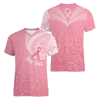 Personalised New Zealand Women V-Neck T-Shirt Pink Ribbon Tattoo Mix Silver Fern