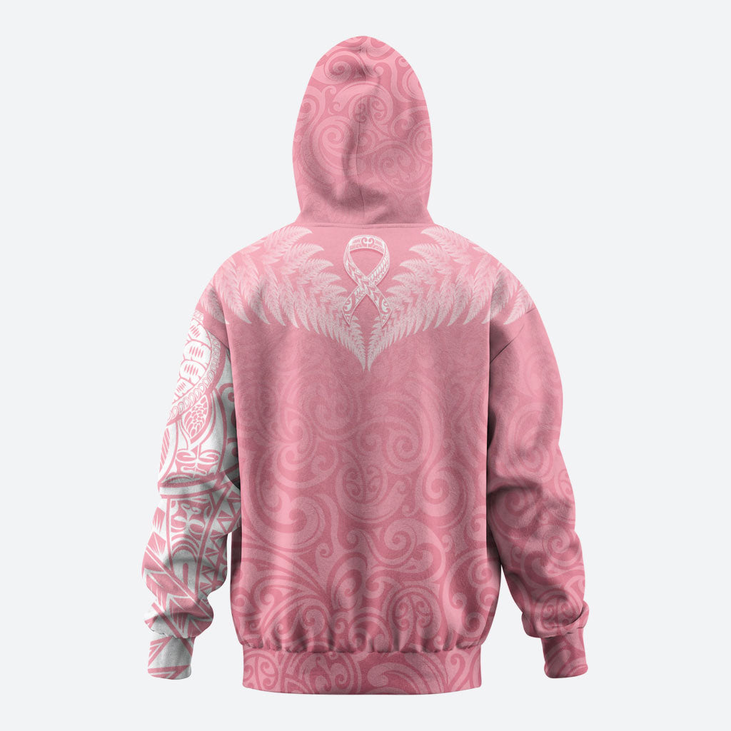 Personalised New Zealand Zip Hoodie Pink Ribbon Tattoo Mix Silver Fern