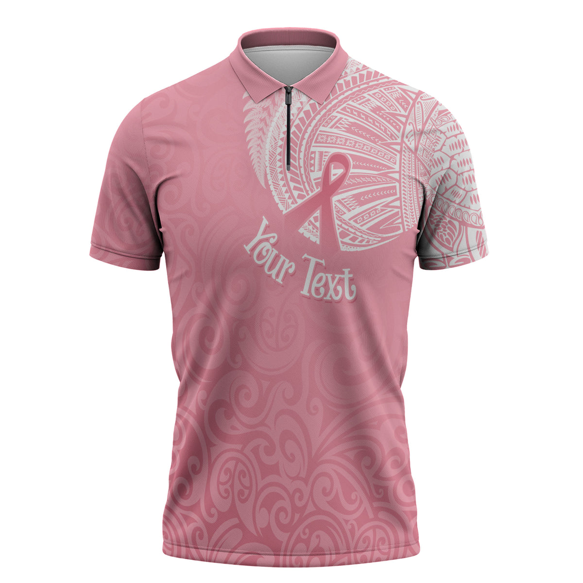 Personalised New Zealand Zipper Polo Shirt Pink Ribbon Tattoo Mix Silver Fern