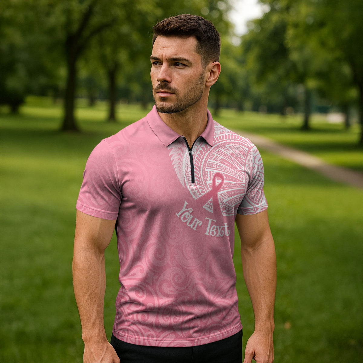 Personalised New Zealand Zipper Polo Shirt Pink Ribbon Tattoo Mix Silver Fern