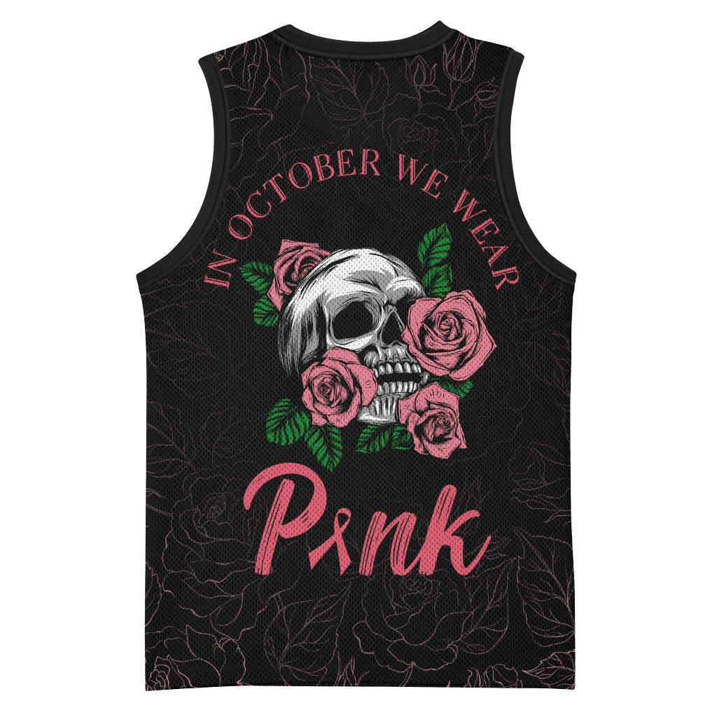 In October We Wear Pink Basketball Jersey Skull and Roses - Black