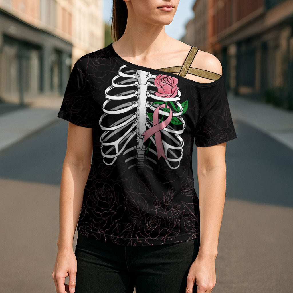 In October We Wear Pink Cross Shoulder Shirt Skull and Roses - Black