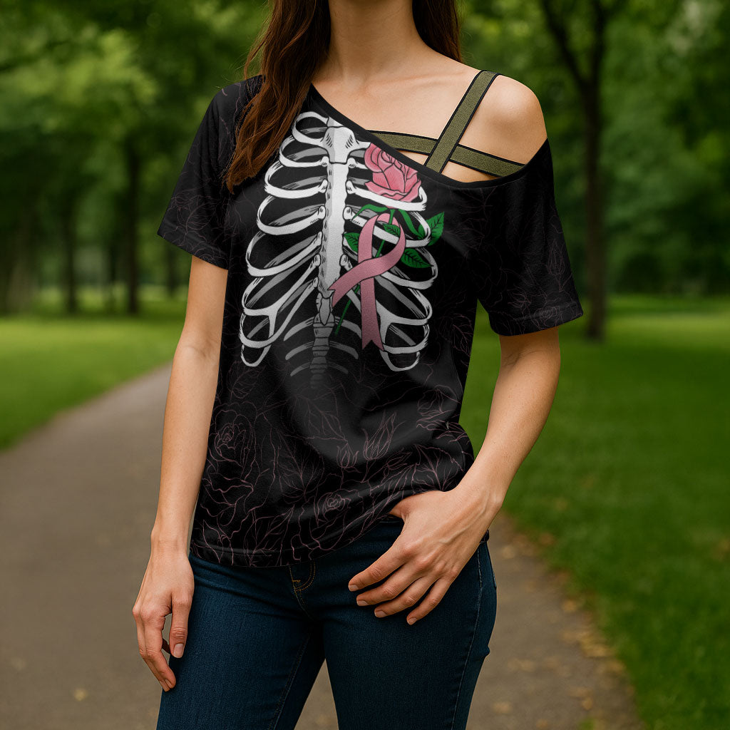 In October We Wear Pink Cross Shoulder Shirt Skull and Roses - Black