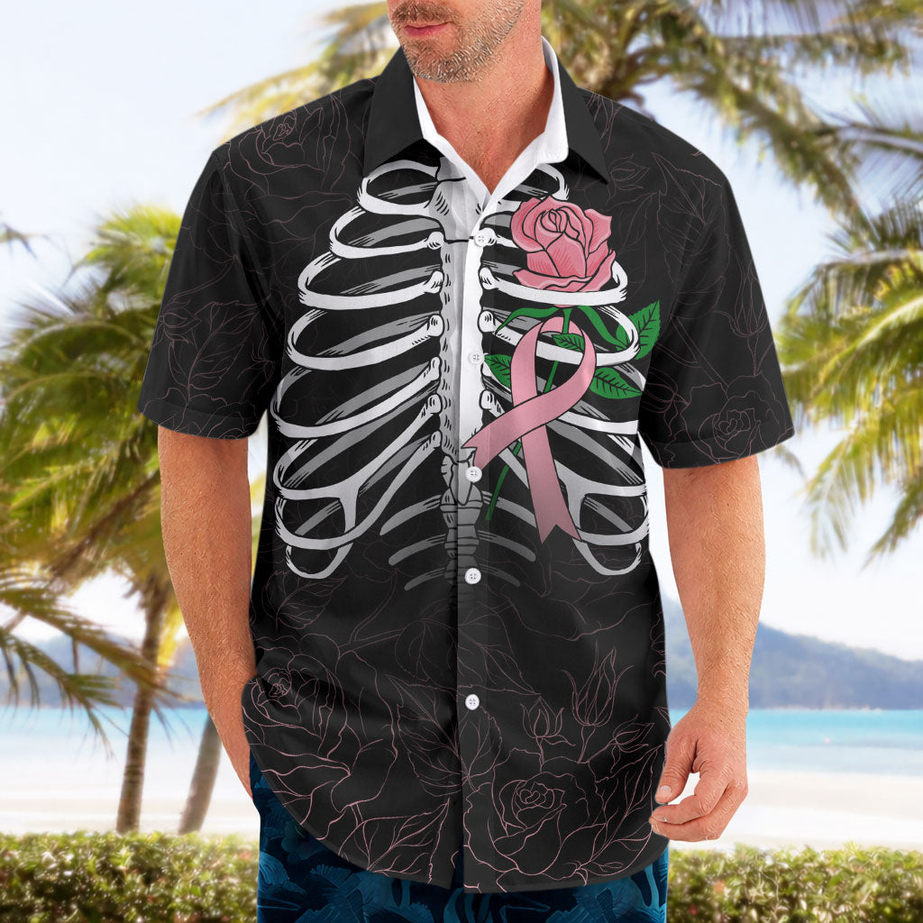 In October We Wear Pink Hawaiian Shirt Skull and Roses - Black