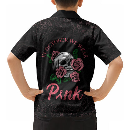 In October We Wear Pink Hawaiian Shirt Skull and Roses - Black
