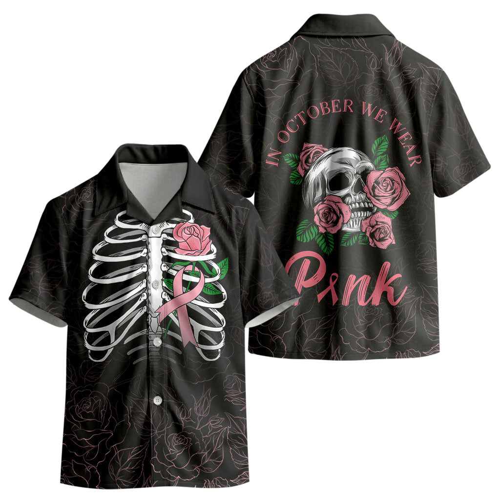 In October We Wear Pink Kid Hawaiian Shirt Skull and Roses - Black