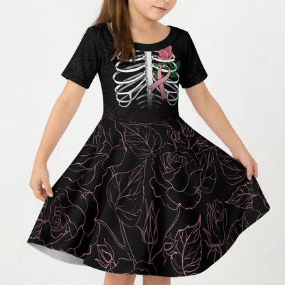 In October We Wear Pink Kid Short Sleeve Dress Skull and Roses - Black