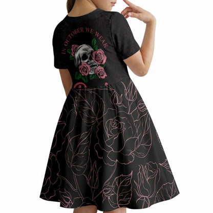 In October We Wear Pink Kid Short Sleeve Dress Skull and Roses - Black