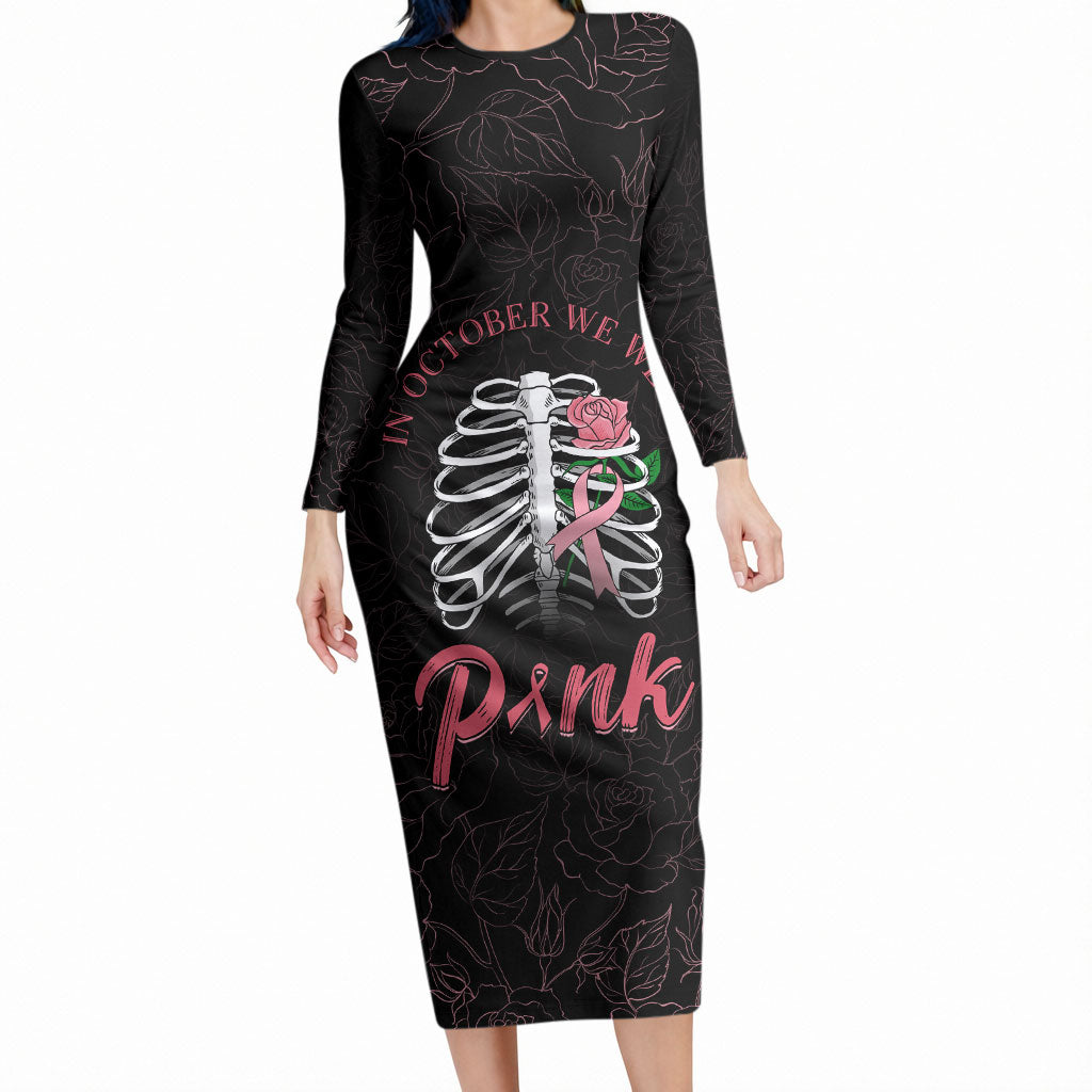 In October We Wear Pink Long Sleeve Bodycon Dress Skull and Roses - Black