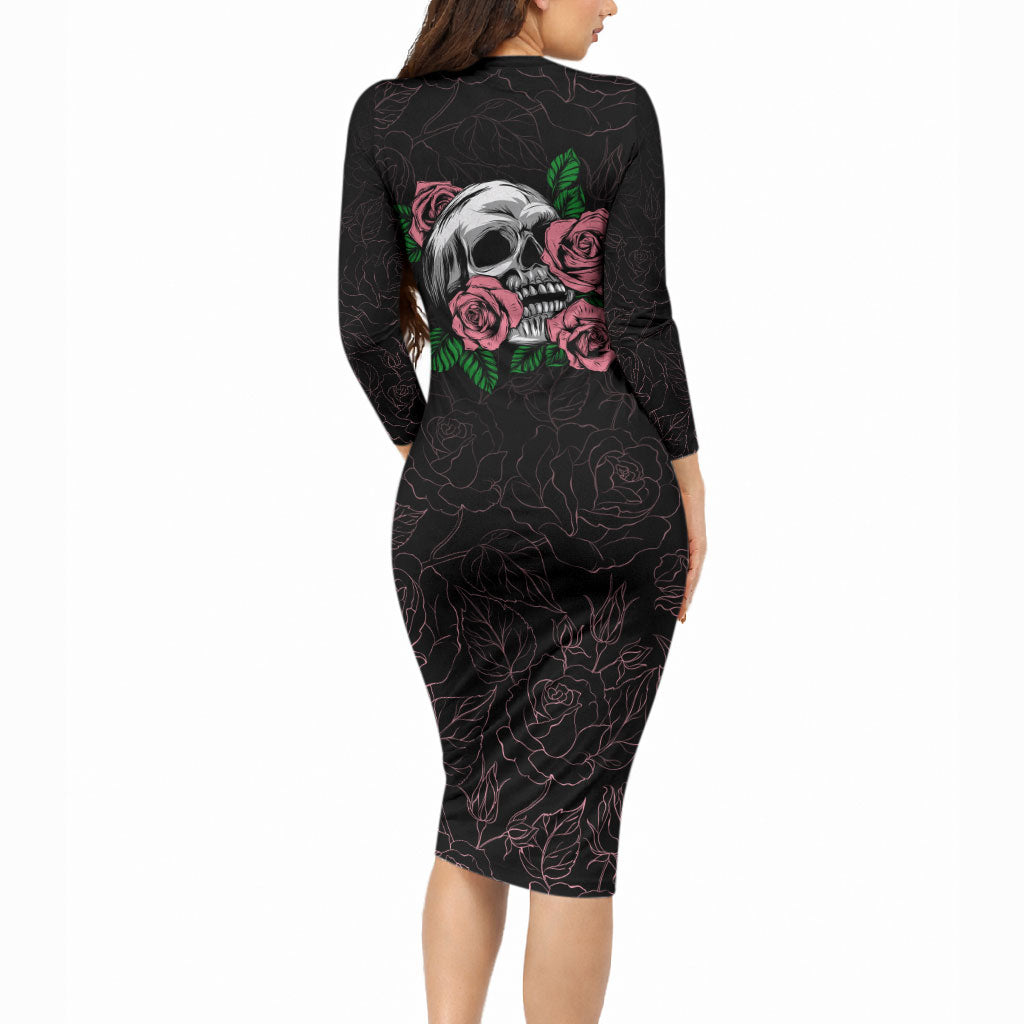 In October We Wear Pink Long Sleeve Bodycon Dress Skull and Roses - Black