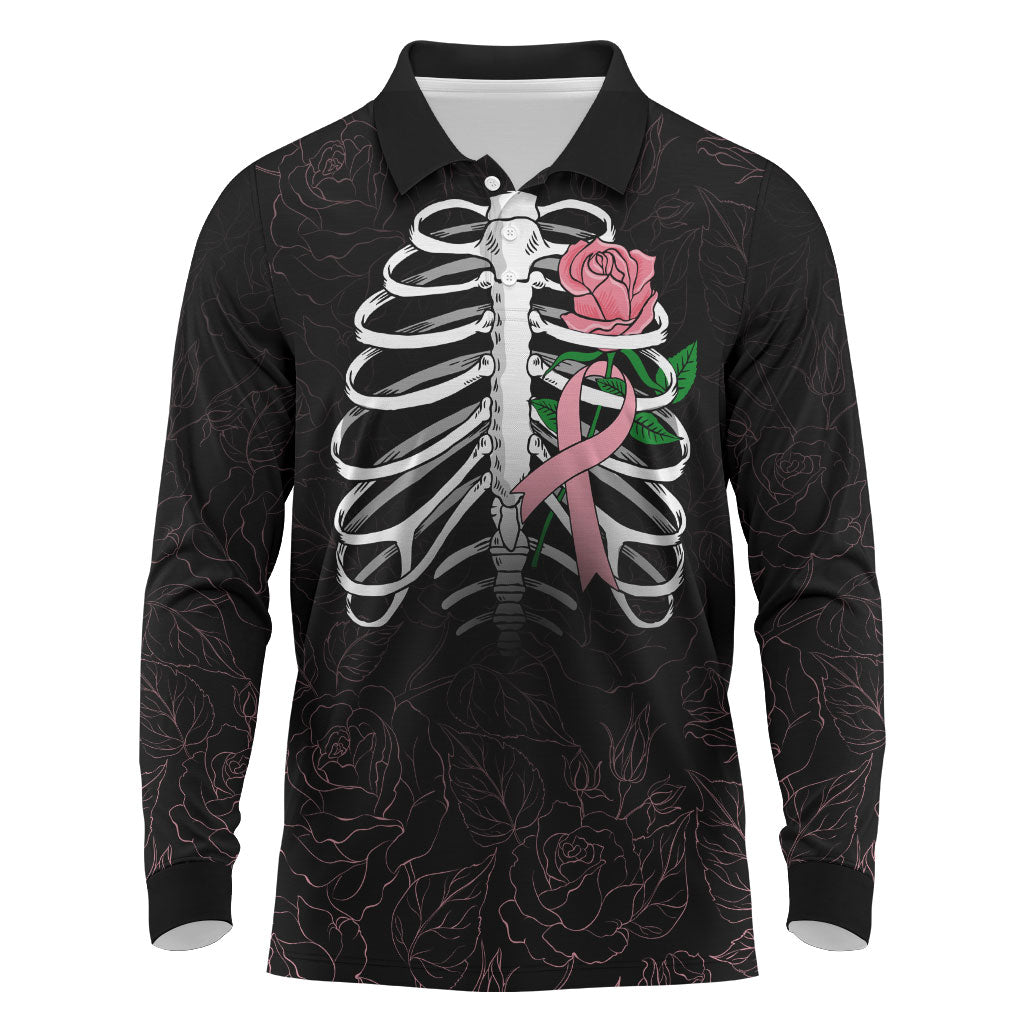 In October We Wear Pink Long Sleeve Polo Shirt Skull and Roses - Black