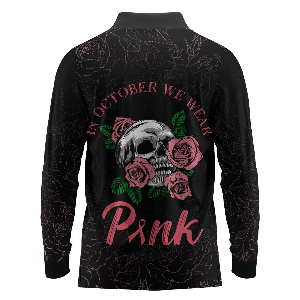 In October We Wear Pink Long Sleeve Polo Shirt Skull and Roses - Black