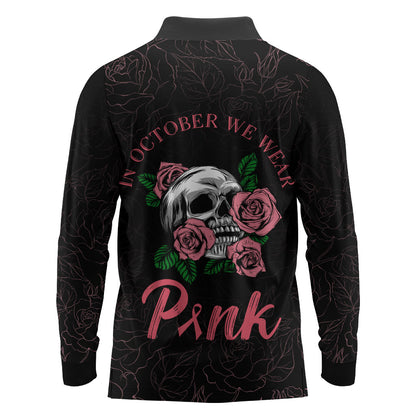 In October We Wear Pink Long Sleeve Polo Shirt Skull and Roses - Black