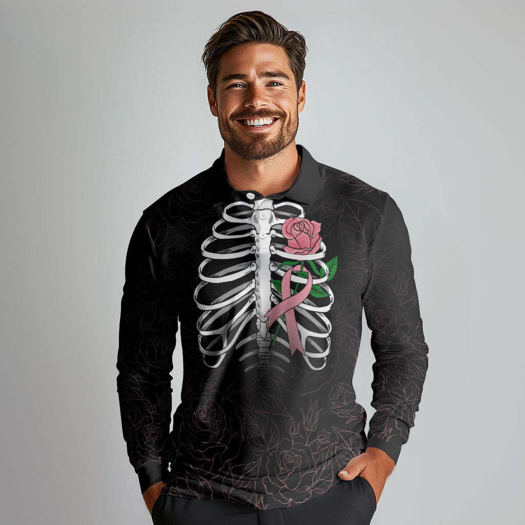 In October We Wear Pink Long Sleeve Polo Shirt Skull and Roses - Black