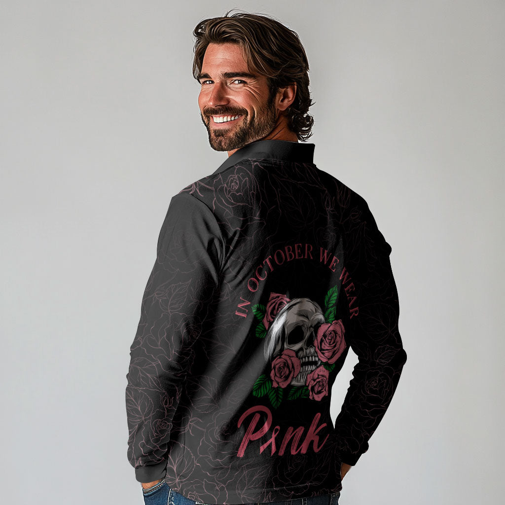 In October We Wear Pink Long Sleeve Polo Shirt Skull and Roses - Black