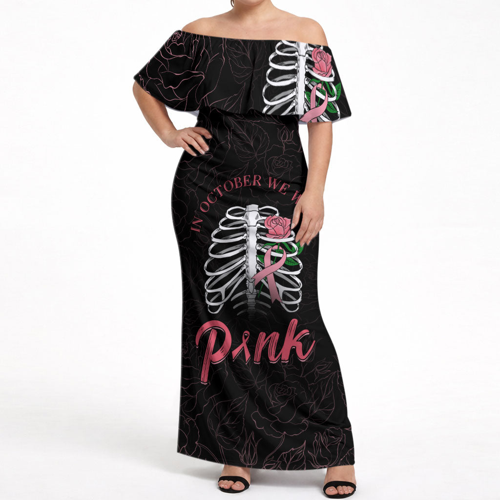 In October We Wear Pink Off Shoulder Maxi Dress Skull and Roses - Black