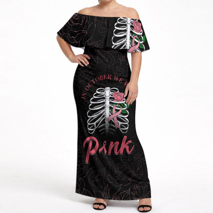 In October We Wear Pink Off Shoulder Maxi Dress Skull and Roses - Black