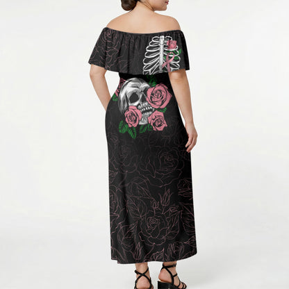 In October We Wear Pink Off Shoulder Maxi Dress Skull and Roses - Black