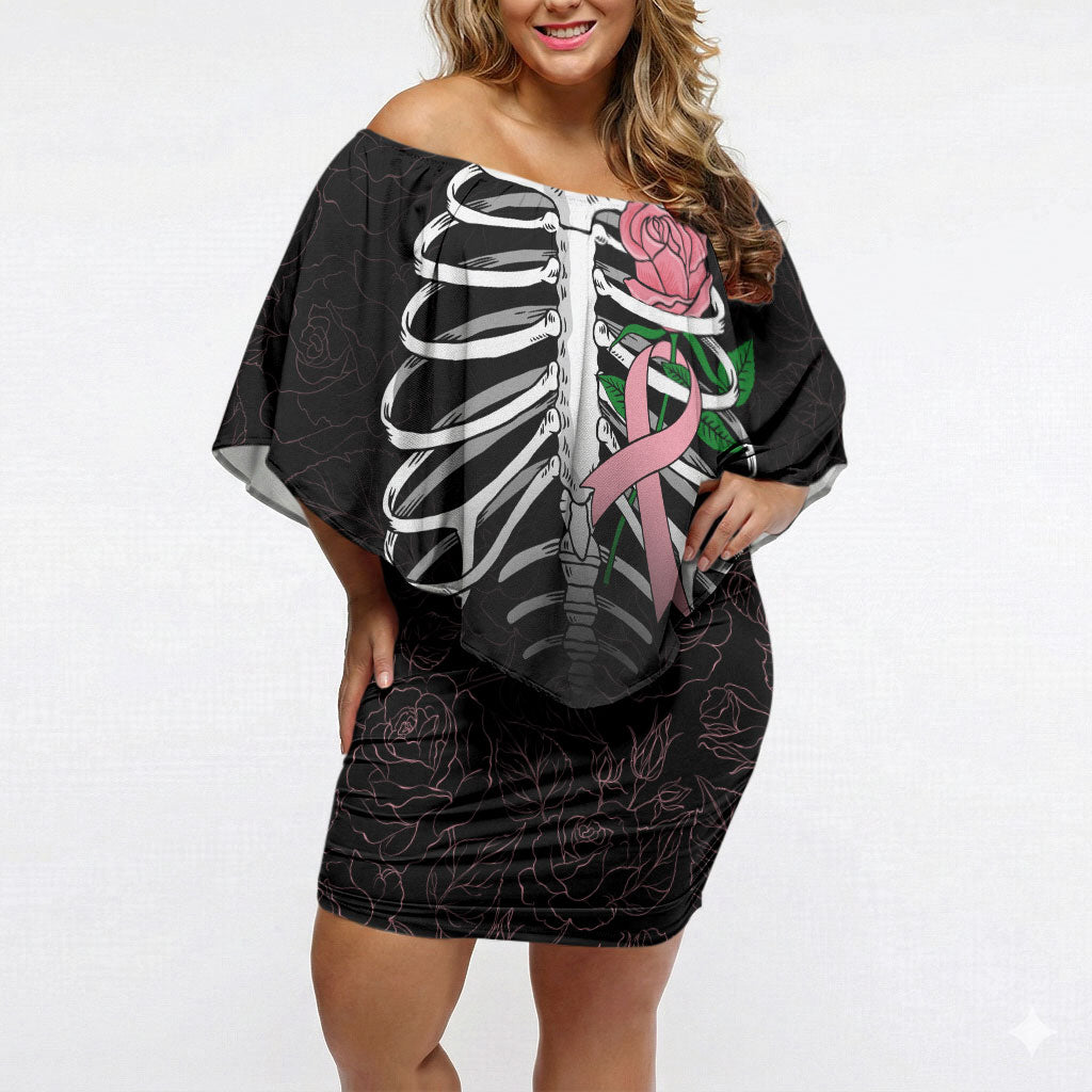 In October We Wear Pink Off Shoulder Short Dress Skull and Roses - Black