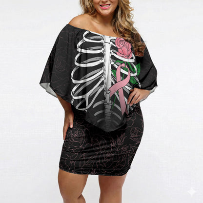 In October We Wear Pink Off Shoulder Short Dress Skull and Roses - Black