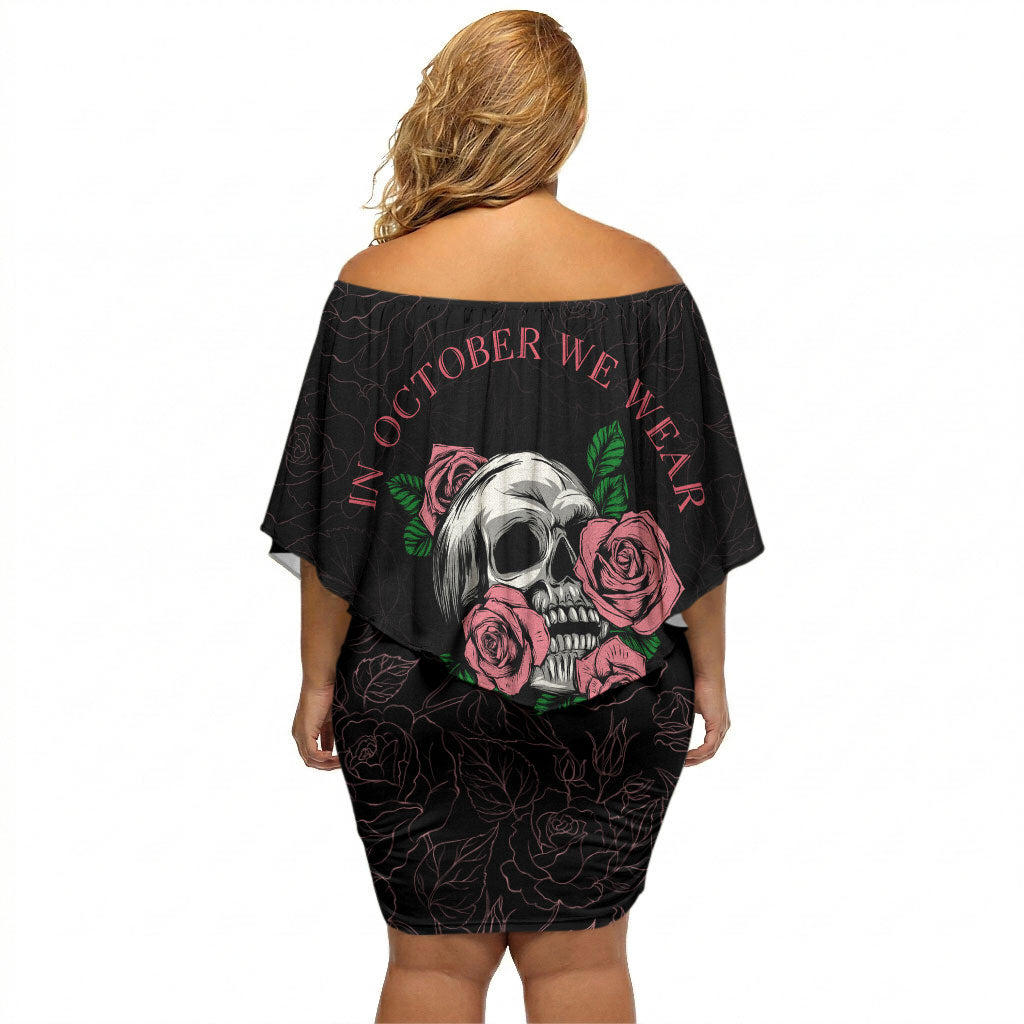 In October We Wear Pink Off Shoulder Short Dress Skull and Roses - Black