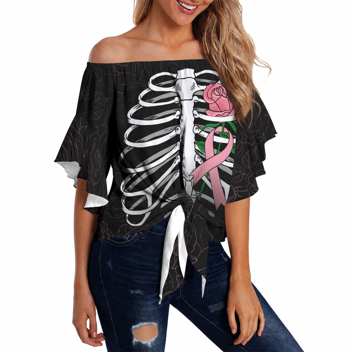 In October We Wear Pink Off Shoulder Wrap Waist Top Skull and Roses - Black