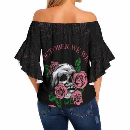 In October We Wear Pink Off Shoulder Wrap Waist Top Skull and Roses - Black